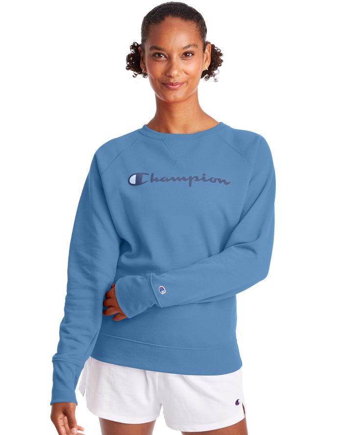 Champion Powerblend Fleece Classic Crew Script Logo Kadın Sweatshirt Mavi ( KFODEC590 )